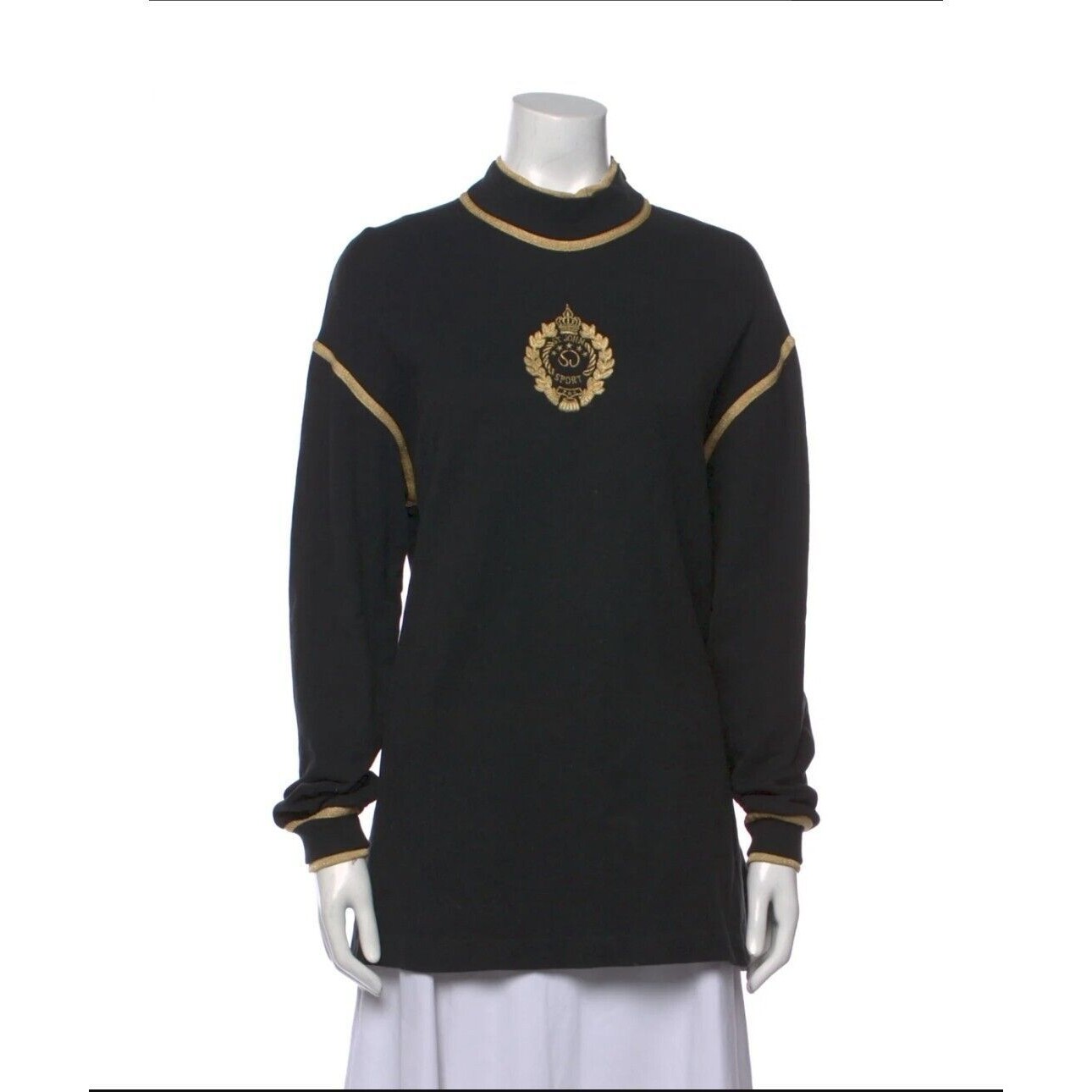 St. John Mock Neck Long Sleeve Sweatshirt Black Gold Embroidered Logo Sz S